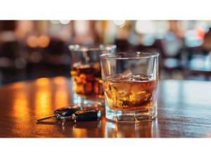 Two cups of whisky on bar with car keys next to glasses.