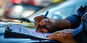 Traffic police making driving ticket.