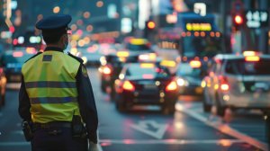 Traffic police standing on road watching cars on street during night time.