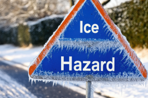 A triangular road sign with the text 'Ice Hazard,' covered in frost and icicles, warning of slippery winter road conditions.