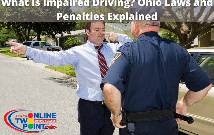 A man in a suit is performing a sobriety test with a police officer observing him. The man is pointing in different directions while balancing himself on the street.