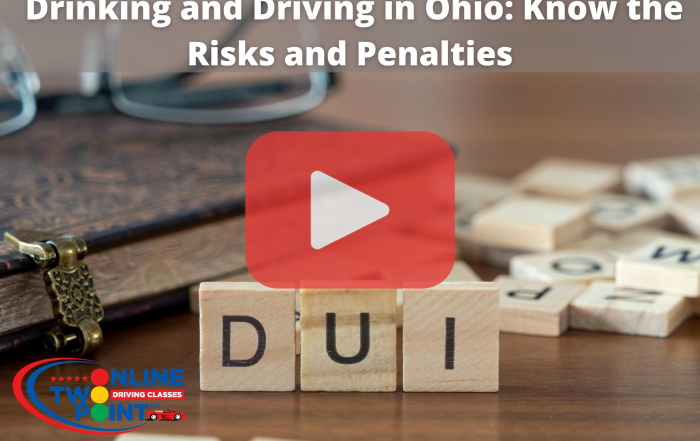 The image features a close-up of a DUI (Driving Under the Influence) message in the form of a YouTube play button. It is displayed over a background showing wooden letter tiles spelling out "DUI." The logo of "Online Driving Classes" is at the bottom of the image.