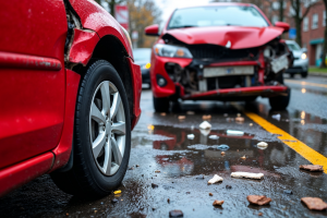 This image shows the aftermath of a car accident, with a damaged red car. There are broken pieces of debris scattered on the road, and the vehicle appears to have sustained front-end damage. The scene appears wet, possibly due to rain.