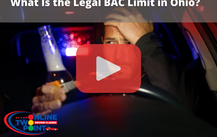 This image shows a man in a car holding a bottle of beer, possibly under the influence. The image includes a large red YouTube play button, accompanied by the title text regarding the legal BAC (Blood Alcohol Content) limit in Ohio.