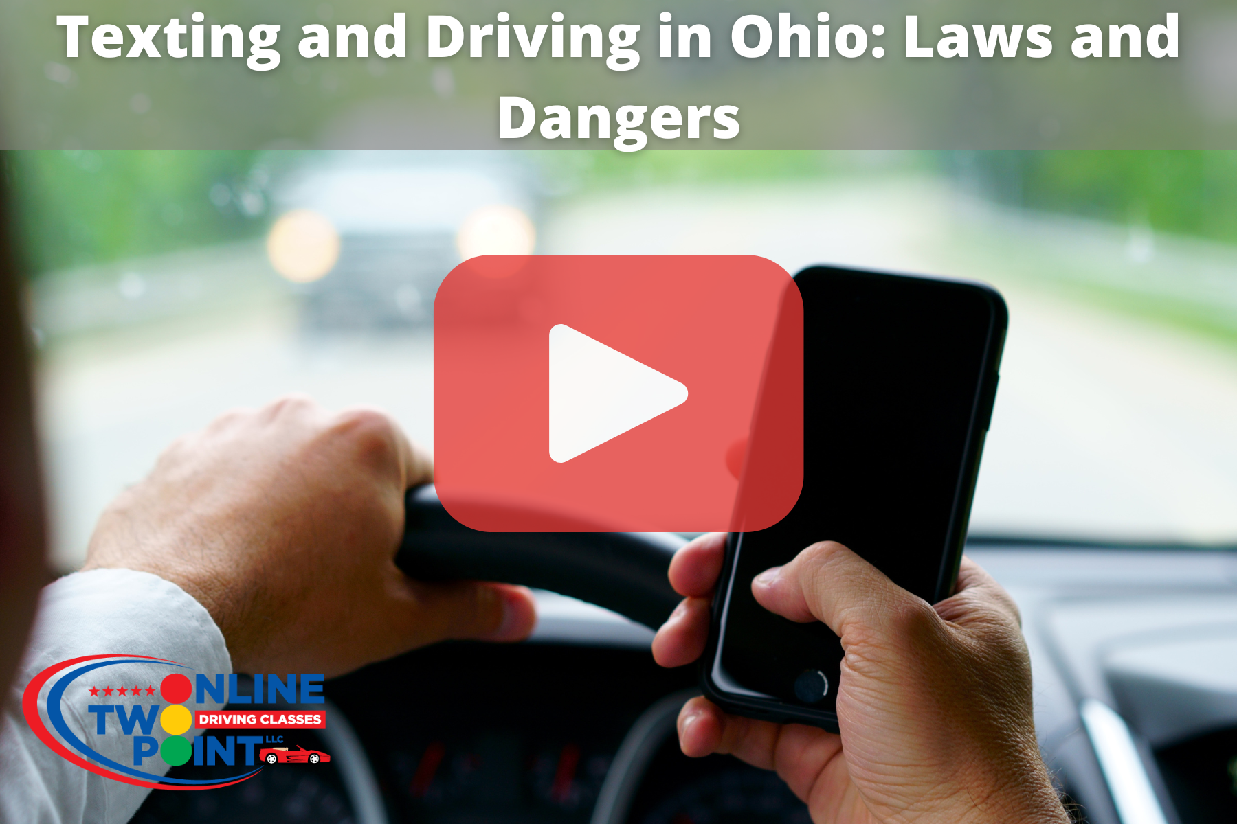 A person is holding a smartphone in their right hand while driving a car. The steering wheel is held in the left hand, and the individual appears to be focusing on the phone screen while driving.