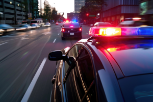 A police car with flashing lights is seen from inside another police car in pursuit. The view is from the side of the police vehicle, with the city lights in the background and motion blur suggesting high speed.
