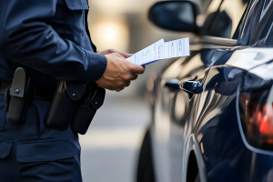 A police officer is holding a citation and appears to be preparing to issue it to the driver of a vehicle. The officer's uniform and the police vehicle's door are visible in the background.