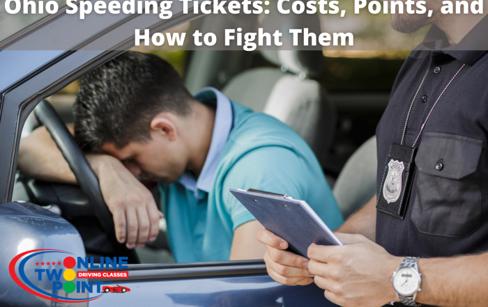 The image shows a man in a car looking upset with his head down, possibly feeling regret or frustration. A police officer is holding a ticket book and standing by the car, preparing to write a speeding ticket. The image includes a title and logo related to online driving classes.