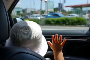 A young child wearing a white sunhat looking out the car window, reaching out with one hand.
