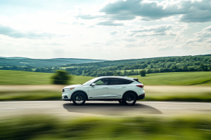 A white SUV is captured in motion on a road surrounded by lush green fields and rolling hills under a partly cloudy sky, suggesting a scenic countryside drive.