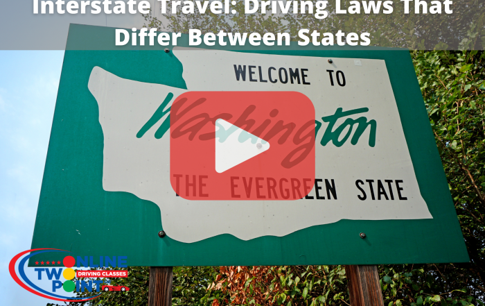 A green and white sign reading "WELCOME TO Washington THE EVERGREEN STATE" is shown, with the outline of Washington state incorporated into the design. The background features dense green trees under a clear blue sky.