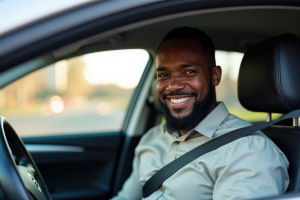 A cheerful man wearing a seatbelt smiles while sitting in the driver's seat of a car, portraying responsible driving.