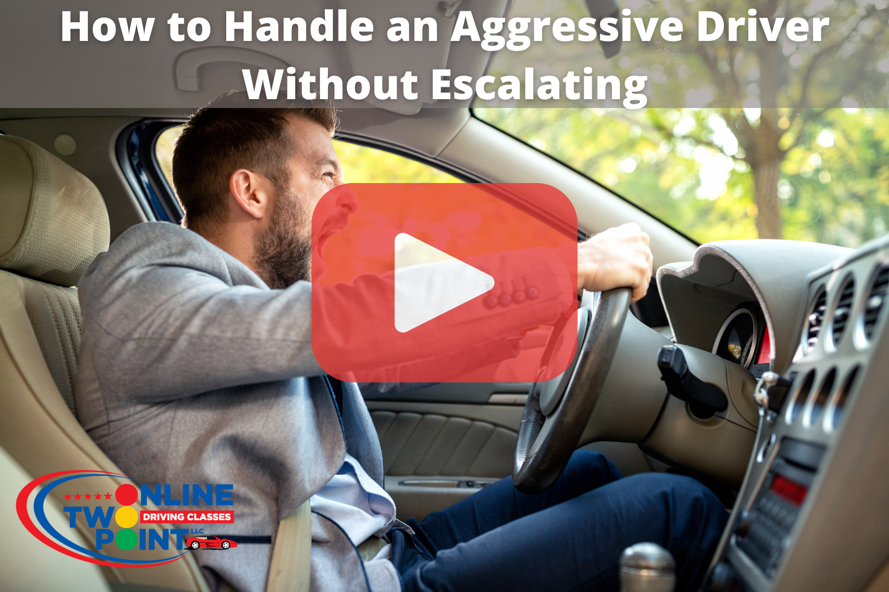 Man with hands on steering wheel of car, yelling.