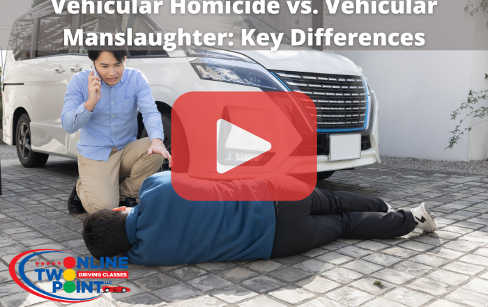 A person is kneeling beside an older individual lying on the ground in front of a black car. The kneeling person is holding a phone to their ear, appearing to make an emergency call. The scene takes place on a residential street with houses and trees in the blurred