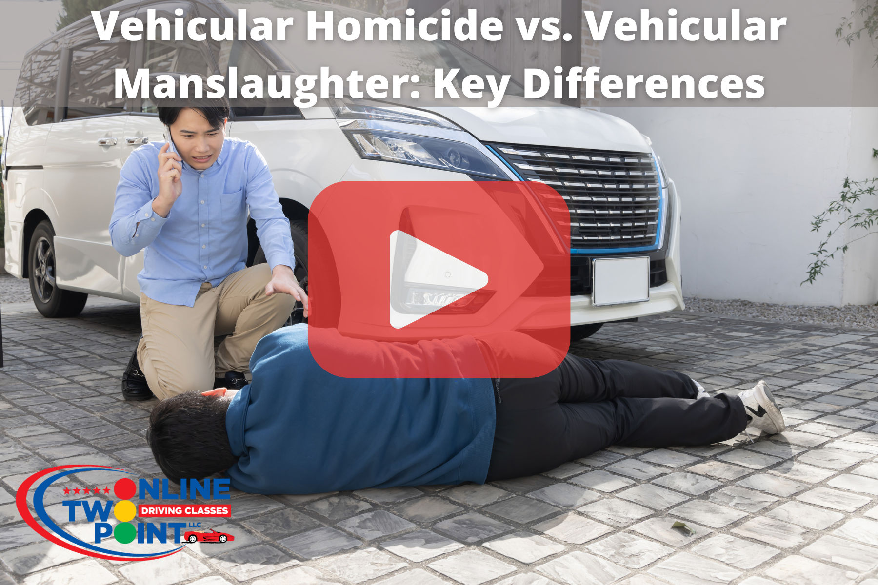 A person is kneeling beside an older individual lying on the ground in front of a black car. The kneeling person is holding a phone to their ear, appearing to make an emergency call. The scene takes place on a residential street with houses and trees in the blurred