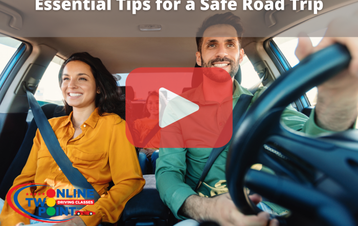 Three people on car, representing road trip. Man drives.