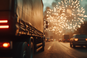 A large truck driving down a road at night with fireworks lighting up the sky ahead.