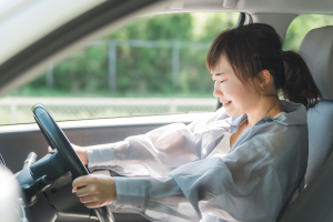 : A person is driving a car, shouting with an open mouth and hands raised off the steering wheel. The driver is wearing a light gray suit jacket and blue pants. The background is a blurred outdoor scene with green trees.