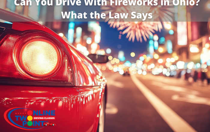 A red car parked on a brightly lit city street at night with fireworks in the background. Overlaid text discusses the legality of driving with fireworks in Ohio.