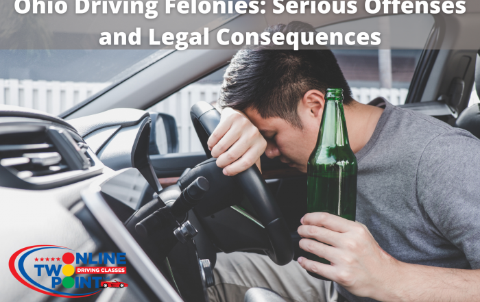 A distressed man in a car holding a green bottle, with the title "Ohio Driving Felonies: Serious Offenses and Legal Consequence