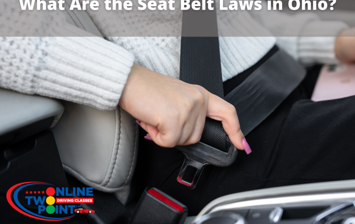 A person fastening a seat belt inside a car, with text overlay: "What Are the Seat Belt Laws in Ohio?"