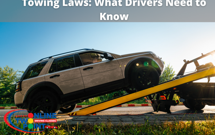 An SUV being loaded onto a yellow tow truck ramp with the text "Towing Laws: What Drivers Need to Know"