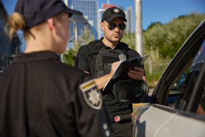 A police officer writing on a clipboard while interacting with a driver at a car window.