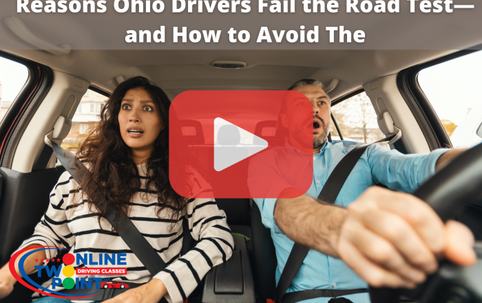 Two people in a car with surprised expressions, featuring a "Reasons Ohio Drivers Fail the Road Test" video overlay.