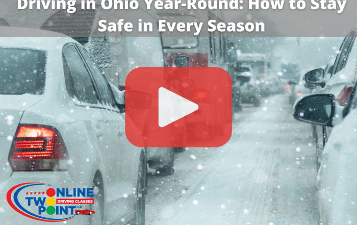 Cars on a snowy road with a "Driving in Ohio Year-Round: How to Stay Safe" video overlay.