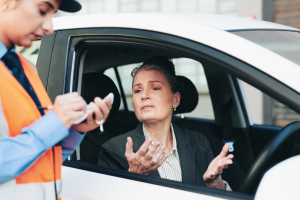A traffic officer writing a ticket while a distressed driver gestures inside a car.