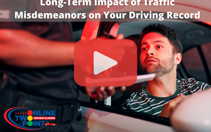 A driver being handed a document by a police officer, with a "Long-Term Impact of Traffic Misdemeanors" video overlay.