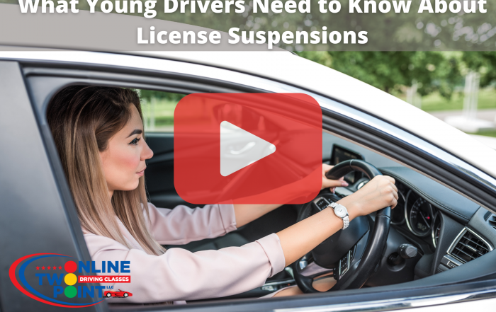 A young woman sitting in the driver’s seat of a white car, hands on the steering wheel, looking forward attentively. The text at the top reads “What Young Drivers Need to Know About License Suspensions,” with a large red play button overlay, suggesting a video thumbnail.