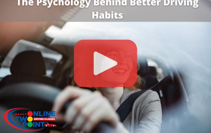 A person driving a car, smiling and appearing relaxed. The image has a bright, positive atmosphere, with text at the top that reads “The Psychology Behind Better Driving Habits” and a large red play button overlay, suggesting a video thumbnail.