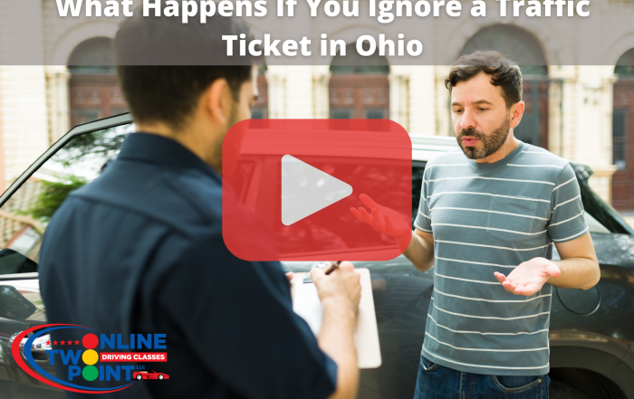 A man standing beside a car talking to another person, possibly a police officer, who is holding a clipboard. The man has his hands slightly raised in explanation. Text at the top says, “What Happens If You Ignore a Traffic Ticket in Ohio,” with a large play button overlaid.