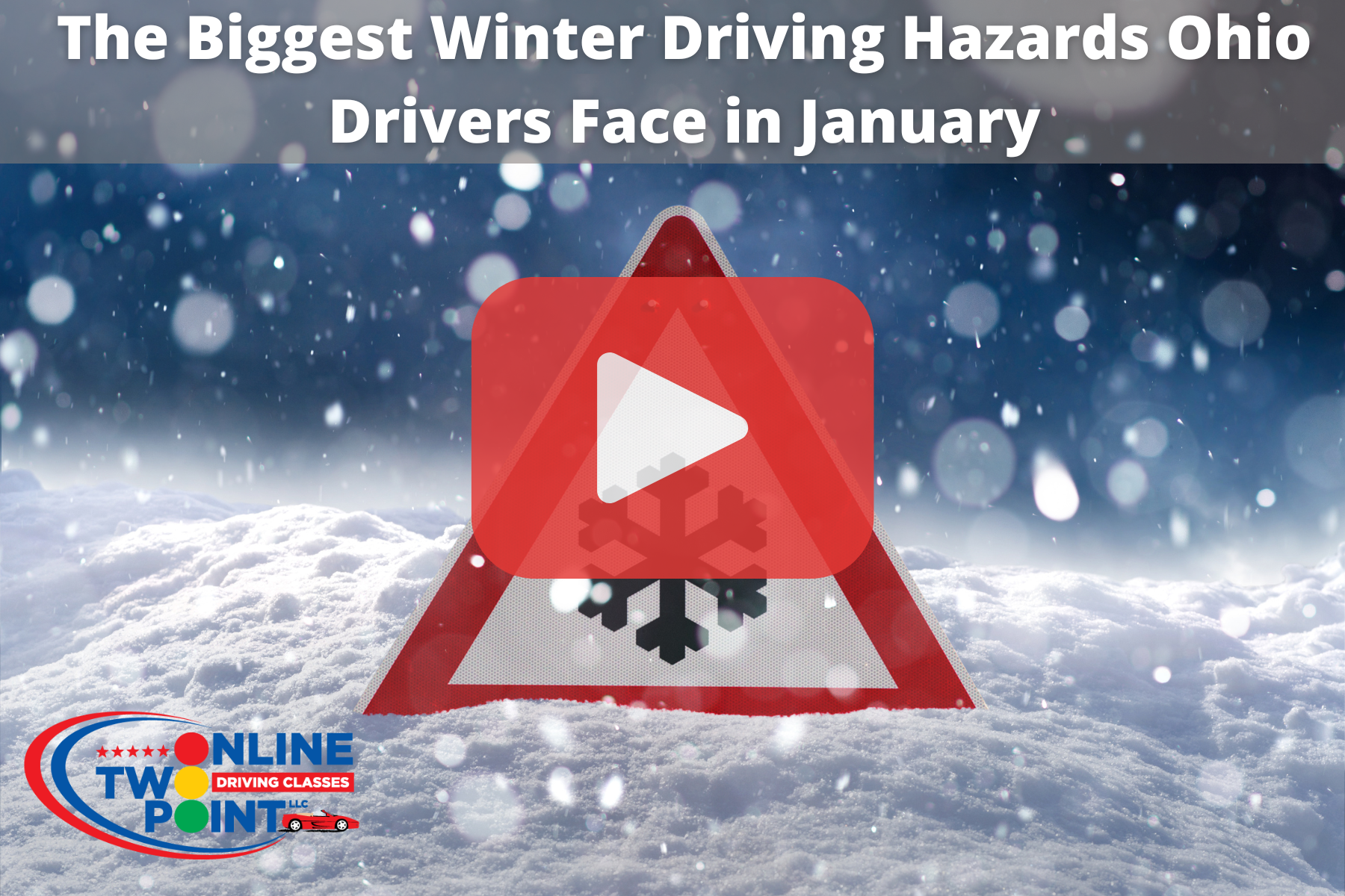 Sign with snow flake on top of snow. Red play button ovverlay .