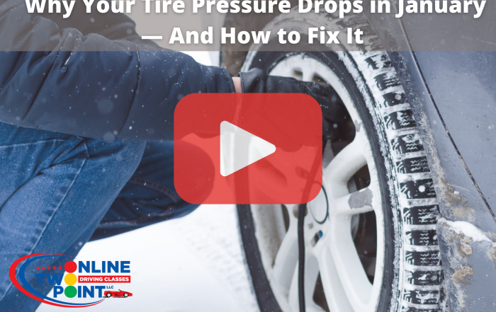 Person checking tire pressure on snowy day. Red pay button overlay.