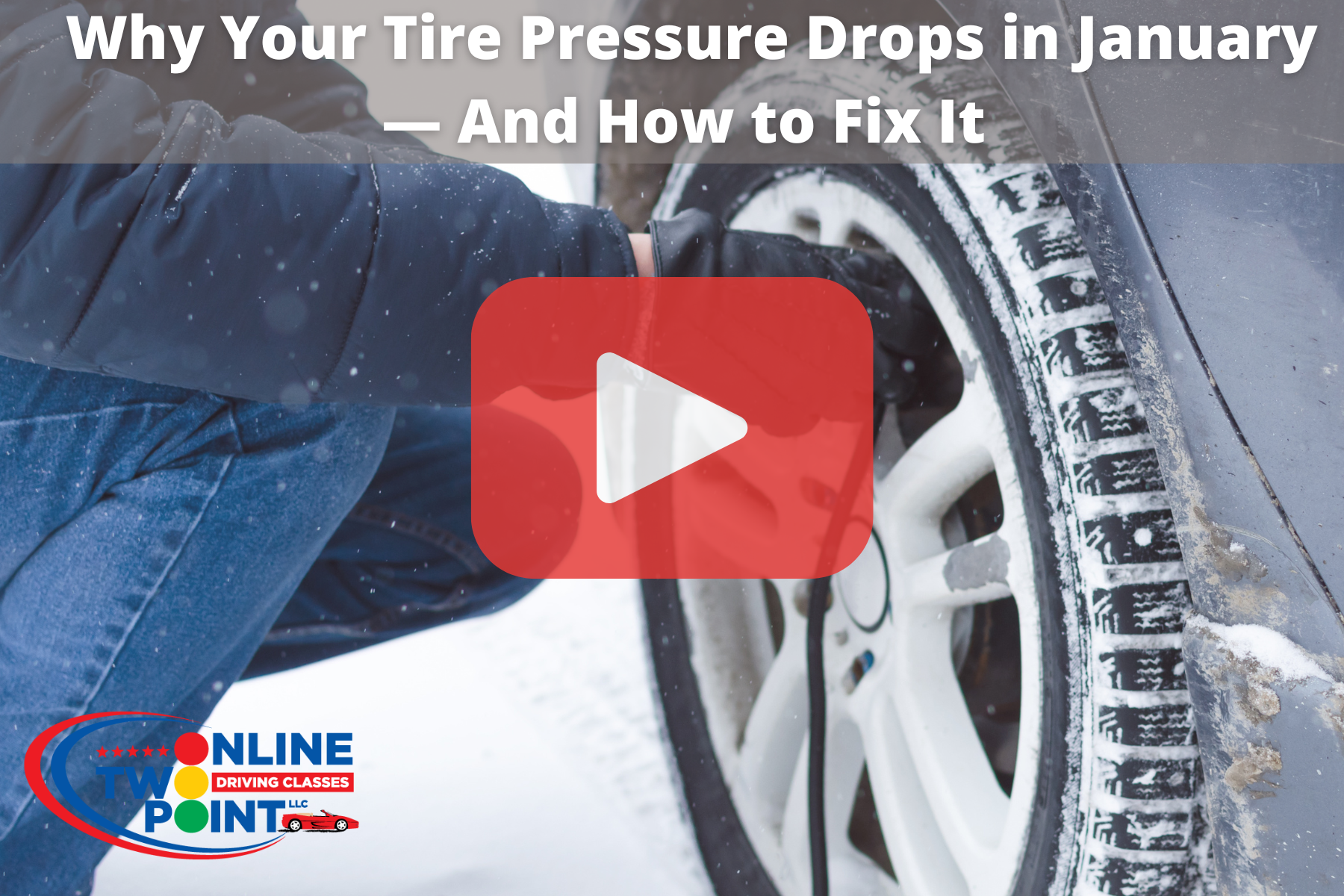 Person checking tire pressure on snowy day. Red pay button overlay.