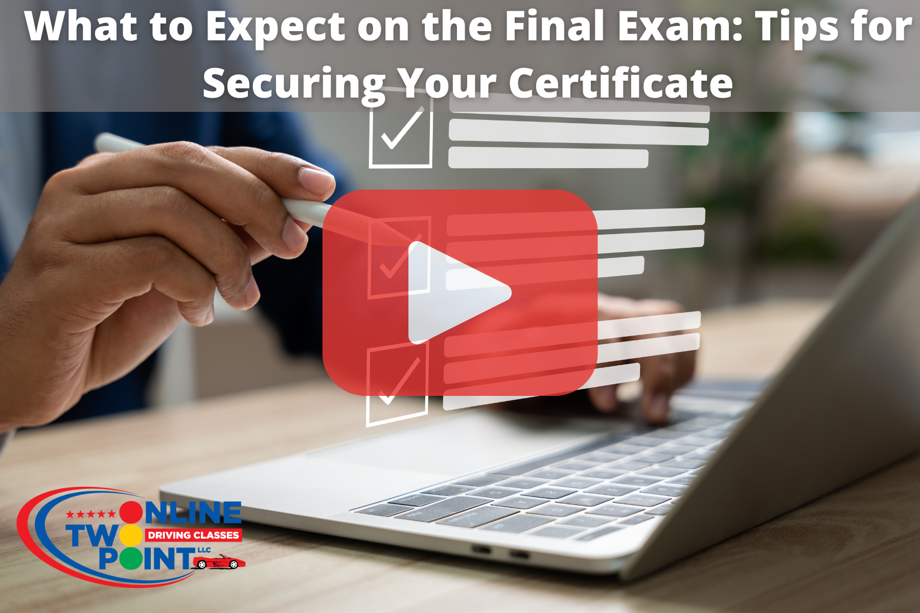 A person in a rust-colored jacket and headset using a laptop, overlaid with a video play button and text about driver paperwork in Ohio.