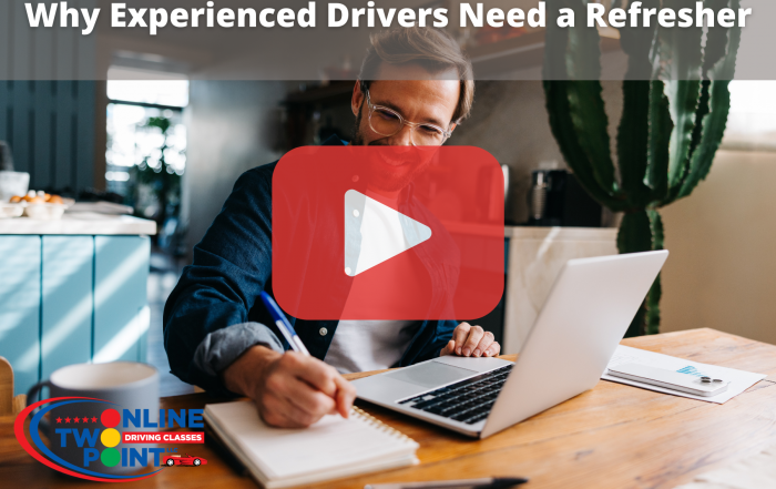 Man smiling while taking online course with red play button over image.