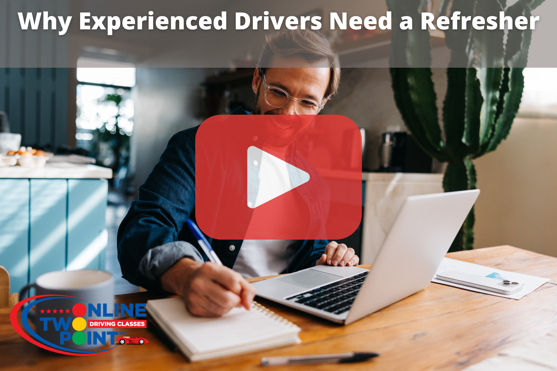 Man smiling while taking online course with red play button over image.