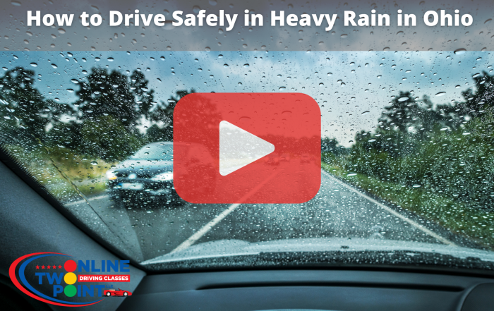 View of car window shield cover in rain water with red play button overlay and Improve Driving logo.