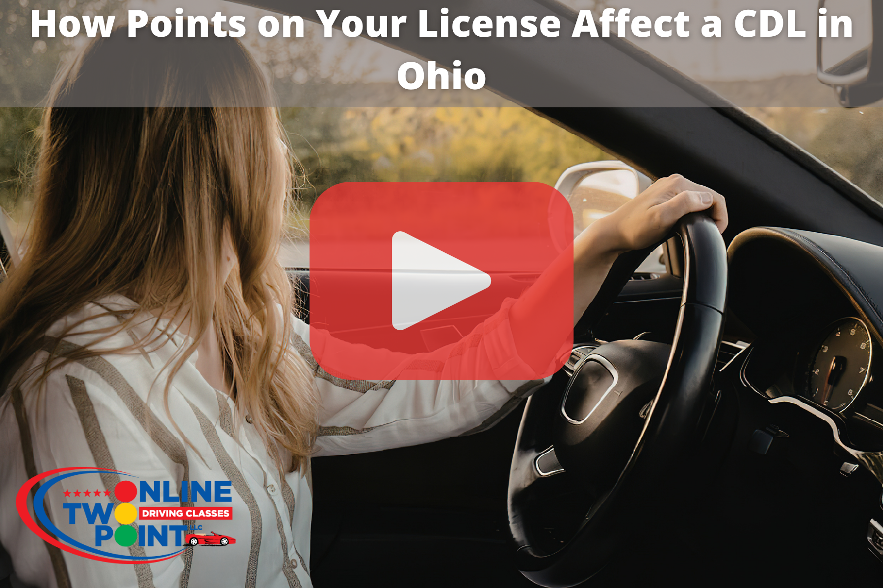 Woman driving car and looking out the window. Red play button overlay and Improve Driving logo.