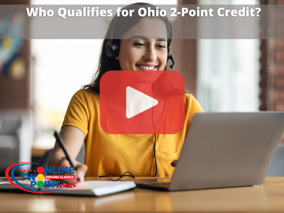 Woman working on laptop. Taking classes or course. Red play button overaly and Improve driving logo.